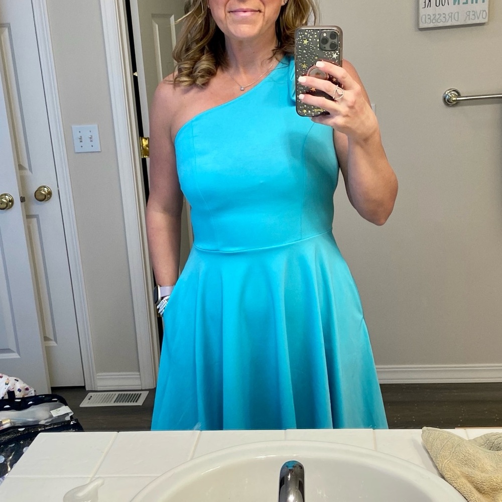 Teal one shoulder cocktail dress size m with pockets